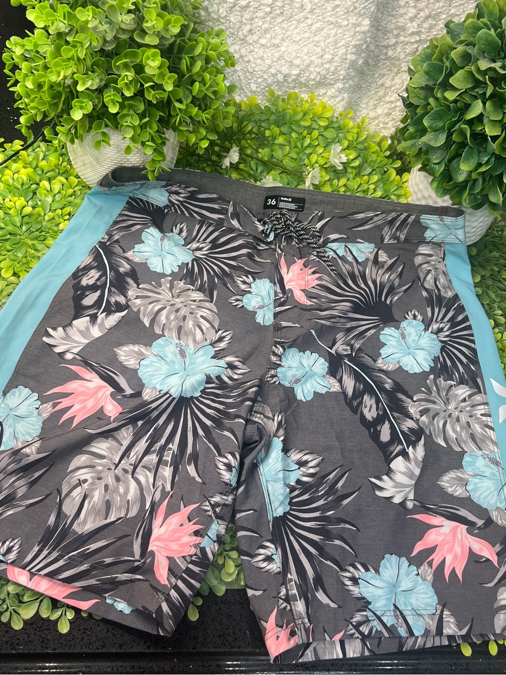 Hurley Black Boardshorts with Blue & Pink Floral Print